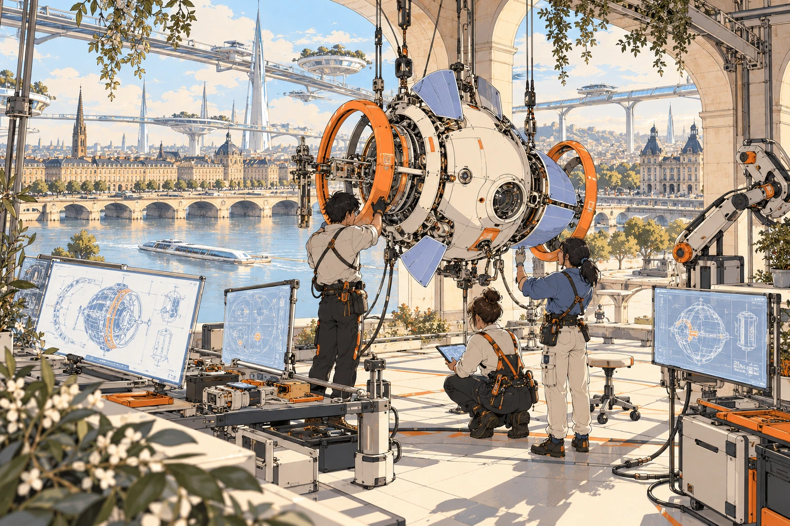 Illustration originale : un atelier d’ingénierie futuriste au-dessus de la Garonne